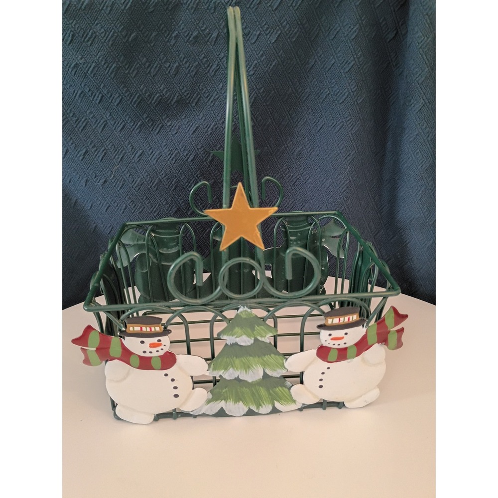 Christmas Snowman Wire Basket Metal Holiday Decor Green Tree Star Handle